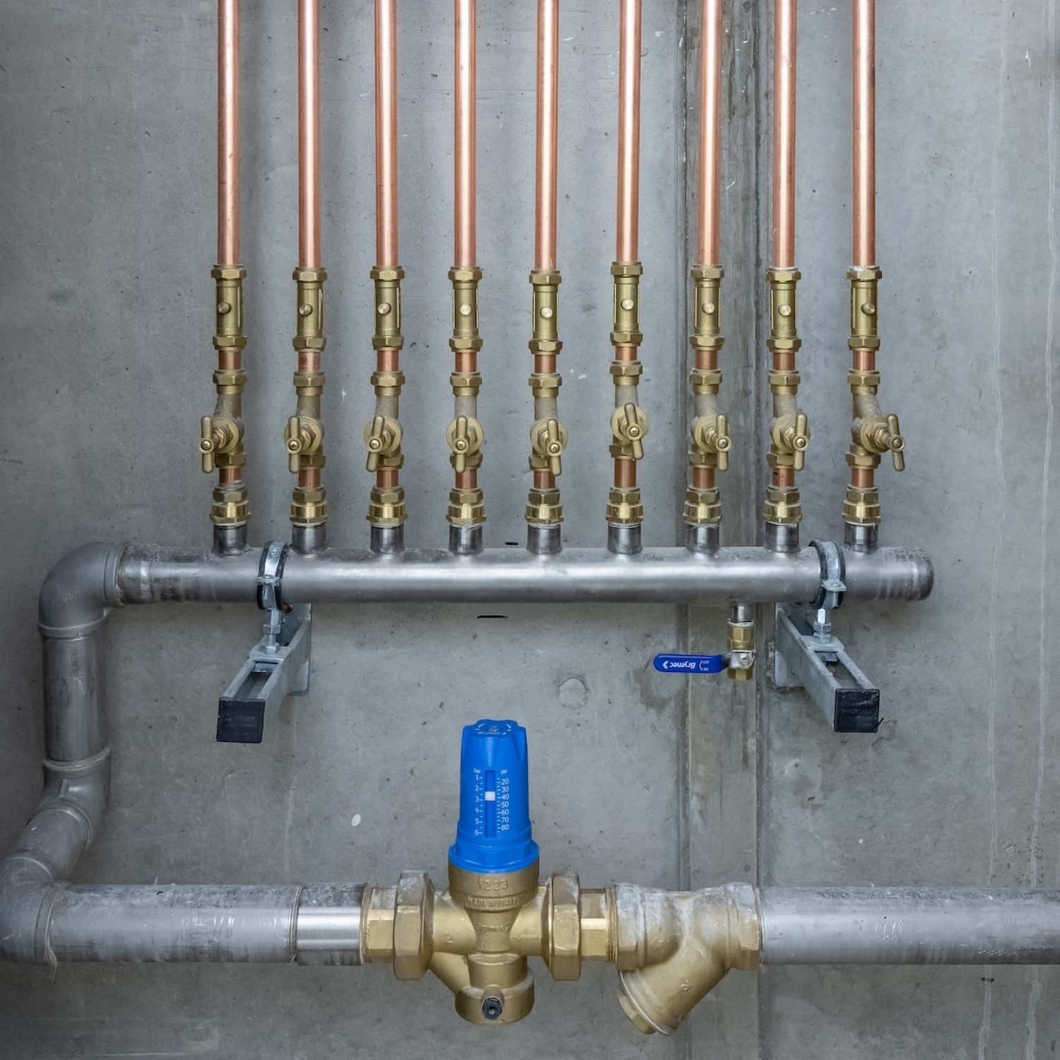 brymec pressure reducing valve installed with stop cocks
